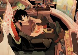 Rule 34 | 1boy, black hair, boots, boxers, can, chips (food), domon kasshu, earrings, eating, food, from above, g gundam, gundam, gundam wing, highres, hyakujuu-ou golion, jacket, unworn jacket, jewelry, keith (voltron), male focus, male underwear, mullet, poster (medium), poster (object), sitting, solo, sticky note, underwear, voltron: legendary defender, voltron (series)