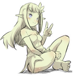 Rule 34 | 1girl, bad id, bad pixiv id, bare arms, bare legs, bare shoulders, barefoot, blue eyes, blush, closed mouth, collarbone, dress, elf, full body, green theme, hand up, highres, long hair, looking at viewer, monochrome, original, pointy ears, short dress, sidelocks, sitting, sleeveless, sleeveless dress, smile, soles, solo, strap slip, u-non (annon&#039;an), v, very long hair, white background