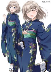 Rule 34 | 1girl, absurdres, blue eyes, blue kimono, blush, breasts, clenched hand, closed eyes, dot nose, floral print, full body, green sash, grey hair, hand up, highres, idolmaster, idolmaster shiny colors, japanese clothes, kimono, long sleeves, looking at viewer, multiple views, obi, obiage, obijime, open hand, open mouth, print kimono, sandals, sash, serizawa asahi, short hair, simple background, small breasts, smile, standing, standing on one leg, tabi, takatsuki p, teeth, twitter username, upper teeth only, white background, wide sleeves, zouri