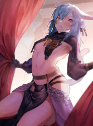 Rule 34 | 1boy, animal ears, black ribbon, blush, cat boy, cat ears, cat tail, final fantasy, final fantasy xiv, hair ribbon, indoors, long hair, looking at viewer, midriff, miqo&#039;te, navel, panon 14, pelvic curtain, puffy chest, purple eyes, red curtains, revealing clothes, ribbon, solo, tail, trap, warrior of light (ff14), white hair