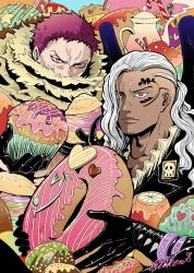 Rule 34 | 2boys, asymmetrical hair, biliken, blush, cake, charlotte katakuri, closed mouth, covered mouth, cupcake, dark-skinned male, dark skin, doughnut, facial tattoo, food, gloves, grey hair, highres, holding, holding food, jacket, king (one piece), leather, leather gloves, lips, long hair, male focus, multiple boys, one piece, oversized food, oversized object, purple eyes, purple hair, red eyes, scarf, scarf over mouth, shiny clothes, short hair, signature, spikes, stitches, sweat, sweets, tattoo