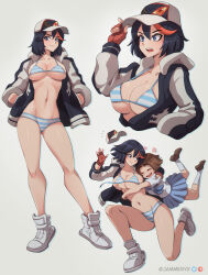 Rule 34 | 2girls, baseball cap, black hair, blue eyes, blue neckerchief, blue skirt, bra, breasts, brown footwear, brown hair, closed eyes, closed mouth, commentary, cropped torso, english commentary, fingerless gloves, flying sweatdrops, full body, gloves, grabbing, grabbing another&#039;s breast, hair between eyes, hand on headwear, hands in pockets, hat, high tops, highres, hug, jacket, jammeryx, kill la kill, kneehighs, large breasts, loafers, long sleeves, looking at viewer, looking to the side, mankanshoku mako, matoi ryuuko, multicolored hair, multiple girls, multiple views, navel, neckerchief, open clothes, open jacket, open mouth, panties, patreon logo, pleated skirt, red gloves, red hair, school uniform, senketsu, shirt, shoes, short hair, short sleeves, simple background, skirt, smile, sneakers, socks, standing, stomach, streaked hair, striped bra, striped clothes, striped panties, teeth, track jacket, twitter logo, twitter username, two-tone hair, underwear, undone bra, upper teeth only, v-shaped eyebrows, white background, white footwear, white shirt, white socks