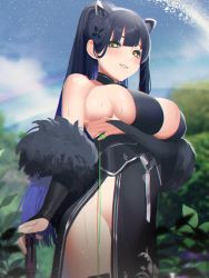 Rule 34 | 1girl, absurdres, animal ears, black hair, blue archive, blush, breasts, day, green eyes, hair ornament, highres, huge breasts, jiki (gkdlfnzo1245), long hair, looking at viewer, looking down, muzzle device, open mouth, pelvic curtain, ponytail, shun (blue archive), skindentation, sky, smile, solo, sweat, thighs