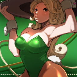 Rule 34 | 1girl, animal ears, armpits, bare shoulders, black eyes, blonde hair, breasts, brown eyes, brown pantyhose, cleavage, cowboy shot, curly hair, fake tail, falcoon, green background, hands on headwear, hands up, hat, highleg, highleg leotard, hip focus, large breasts, leotard, lips, long hair, looking up, pantyhose, playboy bunny, pursed lips, rabbit, rabbit girl, rabbit tail, sideboob, solo, star (symbol), strapless, tail, white hair, wrist cuffs