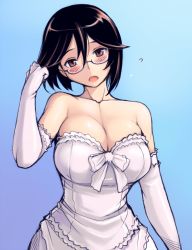 Rule 34 | 00s, 1girl, adjusting hair, bare shoulders, bespectacled, blush, breasts, brown eyes, brown hair, cleavage, dress, elbow gloves, glasses, gloves, large breasts, aged up, open mouth, ribbon, rozen maiden, solo, souseiseki, tsuda nanafushi, wedding dress, white dress