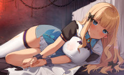 Rule 34 | 2girls, absurdres, black bow, blonde hair, blue eyes, blush, bow, breasts, cape, chain, cuffs, elf, eye reflection, hair bow, highres, large breasts, long hair, looking at viewer, multiple girls, pointy ears, princess connect!, reflection, saren (princess connect!), shackles, solo, torn cape, torn clothes, xubai