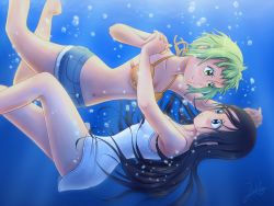 Rule 34 | 2girls, air bubble, amanchu!, bare arms, bare shoulders, barefoot, bikini, bikini top only, black hair, blue eyes, blush, breasts, breath, bubble, closed mouth, collarbone, denim, denim shorts, dress, freediving, gradient background, green eyes, green hair, highres, holding breath, holding hands, jakly, kohinata hikari, long hair, looking at another, medium breasts, midriff, multiple girls, navel, ocean, ooki futaba, pocket, short hair, short shorts, shorts, smile, spaghetti strap, swimming, swimsuit, underwater, white dress