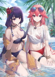 Rule 34 | 2girls, animal ears, bare shoulders, bikini, bikini under clothes, black choker, blurry, blurry background, bracelet, braid, breasts, choker, cleavage, closed mouth, clothing cutout, crop top, day, earrings, ebiri fy, eyewear on head, floppy ears, flower, fox ears, front-tie top, genshin impact, hair between eyes, hair flower, hair ornament, halterneck, hand on own chest, hand on own thigh, hand up, highres, jewelry, large breasts, long hair, looking at viewer, medium breasts, mole, mole under eye, multiple girls, nail polish, navel, necklace, off shoulder, open clothes, open shirt, outdoors, palm tree, parted bangs, parted lips, pink hair, purple bikini, purple eyes, purple hair, purple nails, raiden shogun, shallow water, shirt, shoulder cutout, sidelocks, single braid, sitting, sitting on water, smile, stomach, swimsuit, thigh strap, thighs, tied shirt, tinted eyewear, tree, water, white shirt, yae miko, yokozuwari
