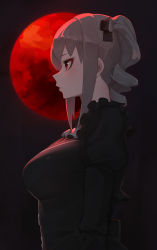 Rule 34 | 1girl, black background, black dress, blush, breasts, closed mouth, commentary request, dress, drill hair, frilled dress, frills, from side, full moon, grey hair, highres, idolmaster, idolmaster cinderella girls, juliet sleeves, kanzaki ranko, long sleeves, looking away, medium breasts, moon, profile, puffy sleeves, red eyes, red moon, senju (snz0), short hair, side ponytail, sidelocks, solo, upper body