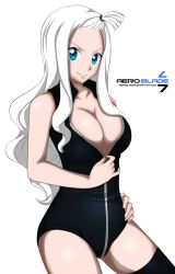 Rule 34 | 1girl, aeroblade7, blue eyes, bodysuit, breasts, cleavage, fairy tail, long hair, looking at viewer, mirajane strauss, simple background, smile, solo, thighhighs, unzipping, white hair
