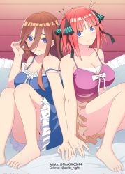 Rule 34 | 2girls, artist name, asobi night, bed, black ribbon, blue eyes, blue nails, blue nightgown, blush, breasts, butterfly hair ornament, cleavage, collarbone, colorized, feet, go-toubun no hanayome, hair between eyes, hair ornament, hair ribbon, highres, kosmos beta, large breasts, looking at viewer, multiple girls, nail polish, nakano miku, nakano nino, nightgown, on bed, pink hair, pink nightgown, red hair, ribbon, siblings, sisters, sitting, smile, thighs, twins, twintails, two side up
