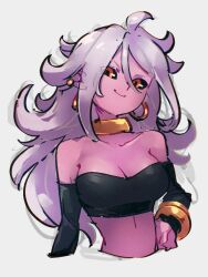 Rule 34 | 1girl, android 21, black sclera, breasts, cleavage, colored sclera, colored skin, dragon ball, dragon ball fighterz, grey background, grey hair, kemachiku, long hair, majin android 21, medium breasts, pink skin, red eyes, simple background, solo, upper body