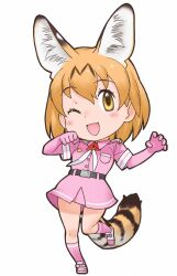 Rule 34 | 1girl, animal ears, bow, bowtie, elbow gloves, extra ears, gloves, highres, kemono friends, looking at viewer, official art, one eye closed, serval (kemono friends), shirt, shoes, skirt, socks, solo, tachi-e, tail, yoshizaki mine