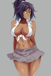 Rule 34 | 1girl, alternate costume, arms behind back, bare shoulders, bleach, blush, breasts, choker, cleavage, collar, contemporary, dark skin, dark-skinned female, female focus, hevn, highres, large breasts, looking at viewer, midriff, miniskirt, navel, open clothes, open shirt, ponytail, purple hair, revealing clothes, school uniform, shihouin yoruichi, shirt, skirt, sleeves rolled up, smile, solo, thighs, tied shirt, waifu2x, yellow eyes