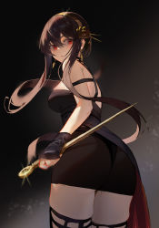 Rule 34 | 1girl, absurdres, ass, black dress, black gloves, black hair, black thighhighs, breasts, closed mouth, dagger, dress, duzizai, earrings, floating hair, flower, from behind, glint, gloves, gold earrings, gold hairband, hair flower, hair ornament, hairband, highres, holding, holding dagger, holding knife, holding weapon, jewelry, knife, long hair, looking back, pantylines, red eyes, reverse grip, rose, sidelocks, skindentation, spikes, spy x family, stiletto (weapon), thighhighs, thighs, weapon, yor briar