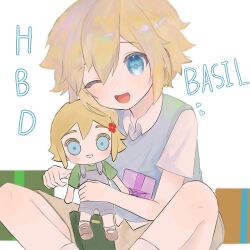 Rule 34 | 1boy, basil (faraway) (omori), basil (omori), blonde hair, blue eyes, brown shorts, character doll, character name, collared shirt, green sweater vest, happy birthday, highres, holding, holding stuffed toy, looking at viewer, omori, open mouth, shirt, short hair, short sleeves, shorts, simple background, sitting, smile, solo, stuffed toy, sweater vest, ttyyuwwuw, white background, white shirt