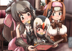 Rule 34 | 3girls, animal ears, atlantic puffin (kemono friends), bag of chips, bear ears, behind another, bergman&#039;s bear (kemono friends), bird wings, black hair, blonde hair, blush, bow, breasts, brown eyes, brown hair, c:, chair, child, chips (food), closed mouth, cup, drinking glass, empty eyes, feeding, food, food in mouth, fur trim, gloves, grey hair, hair bow, head tilt, head wings, headband, height difference, high ponytail, highres, holding, holding menu, indoors, jacket, kemono friends, kodiak bear (kemono friends), long hair, long sleeves, looking at another, looking at object, menu, mouth hold, multiple girls, potato chips, reading, red hair, shirt, sitting, skirt, sleeveless, smile, snack, suspender skirt, suspenders, sweater vest, table, teriiman, very long hair, white hair, wings