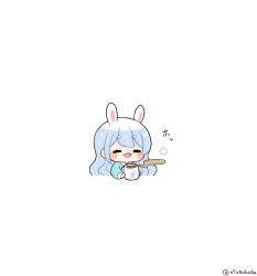 Rule 34 | 0725akaba, 1girl, animal ears, blue hair, blue shirt, blush stickers, chibi, closed eyes, collared shirt, cropped torso, cup, highres, holding, holding cup, hololive, long hair, long sleeves, mug, negative space, open mouth, rabbit ears, shirt, short eyebrows, simple background, solo, steam, thick eyebrows, twitter username, upper body, usada pekora, virtual youtuber, white background