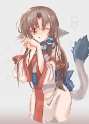 Rule 34 | 1girl, ainu clothes, animal ears, aquaplus, arms up, blue sash, blush, breasts, brown eyes, brown hair, closed mouth, cowboy shot, dress, dsx, eruruu, hair down, hair ornament, hair over shoulder, highres, layered sleeves, long hair, long sleeves, looking at viewer, one eye closed, own hands clasped, parted bangs, raised eyebrows, sash, sidelocks, small breasts, smile, solo, tail, utawarerumono, very long hair, wavy mouth, wide sleeves