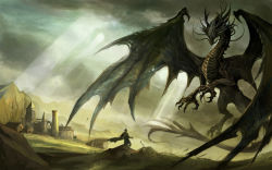 Rule 34 | black dragon, blue eyes, cape, cloud, dragon, scales, sky, sunlight, tagme, tail, talons, tameraire, village, wings