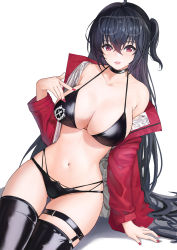 Rule 34 | 1girl, abab xiaxia, ahoge, arm support, azur lane, bad id, bad pixiv id, bare shoulders, bikini, black bikini, black choker, black hair, black thighhighs, blush, breasts, choker, cleavage, collarbone, commentary, cowboy shot, crossed bangs, eyewear on head, gluteal fold, groin, hair between eyes, halterneck, highleg, highleg bikini, highres, jacket, large breasts, long hair, looking at viewer, midriff, multi-strapped bikini bottom, multiple straps, nail polish, navel, off-shoulder jacket, off shoulder, official alternate costume, one side up, parted lips, race queen, red eyes, red jacket, red nails, shadow, sidelocks, simple background, sitting, skindentation, smile, solo, swimsuit, taihou (azur lane), taihou (enraptured companion) (azur lane), thigh gap, thigh strap, thighhighs, very long hair, white background