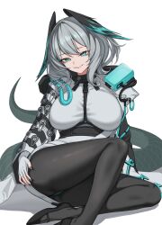 Rule 34 | 1girl, arknights, black footwear, black pantyhose, commentary request, dress, fingerless gloves, foot out of frame, gloves, green eyes, grey dress, grey gloves, grey hair, grey nails, grin, head tilt, high heels, highres, ho&#039;olheyak (arknights), long sleeves, looking at viewer, nail, pantyhose, pencil dress, short dress, short hair, siguya, simple background, smile, snake tail, solo, tail, thighs, white background