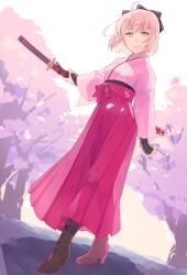 Rule 34 | boots, cherry blossoms, commentary, cross-laced footwear, fate/grand order, fate (series), high heel boots, high heels, highres, japanese clothes, katana, kimono, lace-up boots, looking at viewer, obi, okita souji (fate), okita souji (koha-ace), pink hair, sakino saku, sash, sheath, sheathed, short hair, smile, solo, sword, weapon, wide sleeves, yellow eyes