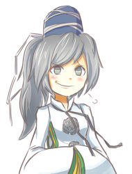 Rule 34 | blush, green eyes, grey hair, hands in opposite sleeves, highres, looking at viewer, mononobe no futo, no pupils, peroponesosu., sleeves past wrists, smile, smug, solo, touhou, upper body, white background