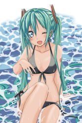 Rule 34 | 1girl, arm tattoo, bikini, blue eyes, eyebrows hidden by hair, front-tie bikini top, front-tie top, green eyes, green hair, hatsune miku, long hair, matching hair/eyes, minazuki itto, one eye closed, open mouth, partially submerged, side-tie bikini bottom, sitting, solo, submerged, swimsuit, tattoo, twintails, untied, very long hair, vocaloid, wet, wink