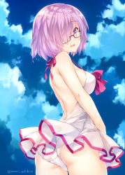 Rule 34 | 1girl, :d, amami mikihiro, artist name, ass, backless swimsuit, bad id, bad pixiv id, black-framed eyewear, blue sky, breasts, casual one-piece swimsuit, cloud, cloudy sky, cowboy shot, day, fate/grand order, fate (series), from below, from side, hair over one eye, halterneck, highres, looking at viewer, mash kyrielight, mash kyrielight (swimsuit of perpetual summer), medium breasts, official alternate costume, one-piece swimsuit, open mouth, purple eyes, purple hair, short hair, sky, smile, solo, strap gap, swimsuit, twitter username, white one-piece swimsuit