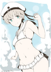 Rule 34 | 1girl, bikini, bikini skirt, blue eyes, clothes writing, commentary request, cowboy shot, grey hair, hat, kantai collection, looking at viewer, official alternate costume, one-hour drawing challenge, sailor bikini, sailor collar, sailor hat, short hair, smile, solo, swimsuit, taira yuuki, white bikini, white hat, white sailor collar, z1 leberecht maass (kancolle)