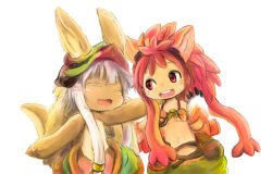 Rule 34 | 1girl, 1other, :d, ^ ^, animal ears, blush, blush stickers, claws, closed eyes, ears through headwear, fang, furry, goggles, goggles on head, hat, highres, long hair, looking at another, made in abyss, midriff, mitty (made in abyss) (furry), nanachi (made in abyss), navel, open mouth, pumichi, red eyes, red hair, simple background, smile, tail, teeth, upper teeth only, whiskers, white background, white hair