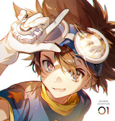 Rule 34 | 1boy, brown eyes, brown hair, chromatic aberration, copyright name, digimon, digimon (creature), digimon adventure, ekita kuro, gloves, goggles, goggles on head, hair over one eye, hand up, headband, light particles, looking at viewer, male focus, portrait, reflection, shading eyes, shirt, short sleeves, simple background, smile, solo, spiked hair, star (symbol), symbol-shaped pupils, t-shirt, turtleneck, wargreymon, white background, white gloves, yagami taichi