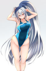 Rule 34 | 1girl, azur lane, blue one-piece swimsuit, breasts, collarbone, commentary request, competition swimsuit, contrapposto, fujita kanbe, gluteal fold, grey background, highres, large breasts, long hair, looking at viewer, one-piece swimsuit, ponytail, red eyes, silver hair, simple background, solo, sovetskaya rossiya (azur lane), standing, swimsuit
