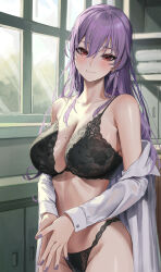 Rule 34 | 1girl, absurdres, black bra, black panties, bra, breasts, closed mouth, collarbone, embroidered bra, fingernails, hair between eyes, highres, indoors, large breasts, long hair, looking at viewer, mole, mole on breast, nail polish, off shoulder, original, own hands together, panties, purple hair, purple nails, red eyes, refla, shirt, smile, solo, underwear, white shirt, window