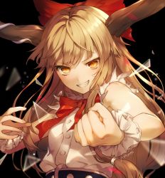 Rule 34 | 1girl, bare arms, bare shoulders, black background, blonde hair, bow, bowtie, breasts, clenched hand, commentary request, grin, hair bow, highres, horns, ibuki suika, kikugetsu, long hair, looking at viewer, oni, oni horns, red bow, red bowtie, shirt, sidelocks, simple background, sleeveless, sleeveless shirt, small breasts, smile, solo, touhou, upper body, v-shaped eyebrows, white shirt, wrist cuffs, yellow eyes