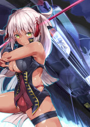 Rule 34 | 1girl, adapted costume, ahoge, arm guards, armpits, bare arms, bare shoulders, bow, breasts, car, cleavage, cleavage cutout, closed mouth, clothing cutout, commentary request, dark-skinned female, dark skin, fate/grand order, fate (series), gedou (shigure seishin), hair between eyes, hair bow, high collar, koha-ace, lips, long hair, looking at viewer, medium breasts, motor vehicle, nissan skyline, nissan skyline gt-r, nissan skyline r32, okita souji (fate), okita souji alter (fate), revealing clothes, serious, shiny skin, solo, tassel, thigh strap, thighs, toyota, toyota sprinter trueno, vehicle, vehicle focus, white eyes, white hair