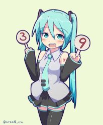 Rule 34 | 1girl, 39, aqua eyes, aqua hair, bare shoulders, blush, breasts, commentary, cowboy shot, detached sleeves, green background, hair between eyes, hair ornament, hands up, hatsune miku, holding, holding sign, legs together, long hair, looking at viewer, necktie, shoulder tattoo, sign, skirt, sleeves past wrists, small breasts, smile, solo, tattoo, thighhighs, twintails, twitter username, vocaloid, wreath (a1b2c3d45), zettai ryouiki