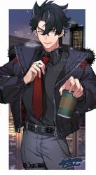 1boy :d belt belt_buckle black_belt black_hair black_jacket black_shirt blue_eyes blurry blurry_background border buckle building chain choco_c14 city collared_shirt commentary_request cowboy_shot cup disposable_coffee_cup disposable_cup ear_piercing earrings facial_scar fur-trimmed_jacket fur_trim genshin_impact glint grey_hair grey_pants hair_between_eyes holding holding_cup jacket jewelry lens_flare long_sleeves looking_at_viewer male_focus multicolored_hair necktie o-ring o-ring_thigh_strap open_clothes open_jacket open_mouth outside_border pants parted_bangs piercing puffy_long_sleeves puffy_sleeves red_necktie ring scar scar_on_cheek scar_on_face scar_on_hand scar_on_neck shirt short_hair skyscraper smile solo standing streaked_hair stud_earrings studded_belt teeth thigh_strap upper_teeth_only white_border wing_collar wriothesley_(genshin_impact) zipper