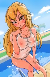 Rule 34 | 1girl, blonde hair, blue sky, blush, breasts, cloud, covered erect nipples, covered navel, day, dutch angle, finger to mouth, kiriririn, large breasts, long hair, one-piece swimsuit, pool, pool ladder, poolside, school swimsuit, see-through, shokuhou misaki, sky, solo, swimsuit, tan, toaru kagaku no railgun, toaru majutsu no index, wet, wet clothes, white school swimsuit, white one-piece swimsuit, yellow eyes