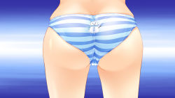 Rule 34 | 1girl, ass, ass focus, blue panties, blue theme, close-up, from behind, game cg, guardian place, highres, imprint, ootori aoi, panties, skindentation, solo, striped clothes, striped panties, trefoil, tsurugi hagane, underwear