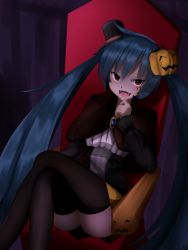 Rule 34 | 1girl, absurdres, black thighhighs, blue hair, fangs, halloween, hat, hatsune miku, highres, jack-o&#039;-lantern, kazenoko, long hair, looking at viewer, mini hat, mini top hat, open mouth, red eyes, sitting, solo, thighhighs, top hat, twintails, vampire, very long hair, vocaloid