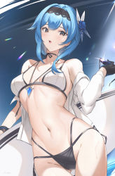Rule 34 | 1girl, black hairband, blue hair, blush, breasts, brown eyes, eula (genshin impact), genshin impact, hair ornament, hairband, highres, large breasts, looking at viewer, medium hair, open mouth, parfaitlate, sidelocks, solo, thighs