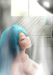 Rule 34 | 1girl, alternate hairstyle, aqua hair, blake yee, breasts, censored, colored eyelashes, convenient censoring, hatsune miku, highres, long hair, nude, shampoo, shower head, showering, soap, soap bottle, steam, steam censor, very long hair, vocaloid, wall, water, water drop, wet, window