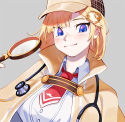 Rule 34 | 1girl, blonde hair, blue eyes, blush, brown capelet, brown hat, capelet, collared shirt, deerstalker, detective, gears, grey background, hair ornament, hat, holding, holding magnifying glass, hololive, hololive english, looking at viewer, magnifying glass, mustache print, necktie, print necktie, print neckwear, red necktie, shirt, short hair, simple background, smile, solo, stethoscope, upper body, virtual youtuber, watson amelia, watson amelia (1st costume), white shirt, zambiie