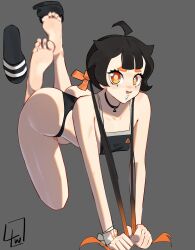 Rule 34 | 1girl, absurdres, ahoge, all fours, arched back, ass, bare shoulders, barefoot, black choker, black hair, black panties, blush, bottomless, censored, censored feet, choker, collarbone, eyelashes, feet, feet up, full body, grey background, hair ribbon, highleg, highleg panties, highres, l4wless, long hair, looking at viewer, mole, mole under eye, open mouth, orange eyes, orange ribbon, original, panties, ribbon, sandals, shadow, short eyebrows, signature, simple background, soles, solo, thick eyebrows, thighs, twintails, underwear, unworn sandals