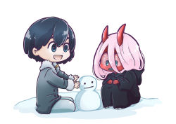 Rule 34 | 10s, 1boy, 1girl, bandages, black cloak, black hair, blue eyes, cloak, coat, colored sclera, colored skin, couple, darling in the franxx, fur trim, green eyes, grey coat, hetero, hiro (darling in the franxx), hood, hooded cloak, horns, long hair, looking at another, oni horns, parka, pink hair, red horns, red pupils, red sclera, red skin, seiza, short hair, sitting, snow, snowman, vampirneko, winter clothes, winter coat, aged down, zero two (darling in the franxx)