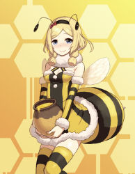 Rule 34 | 1girl, antennae, bee costume, blonde hair, blue eyes, blush, breasts, chiwino, cleavage, detached sleeves, female focus, hairband, honey, looking at viewer, navel, panties, patterned background, pretty rhythm, pretty rhythm rainbow live, pretty series, revision, smile, solo, striped clothes, striped panties, takanashi otoha, thighhighs, underwear, wings, yellow theme