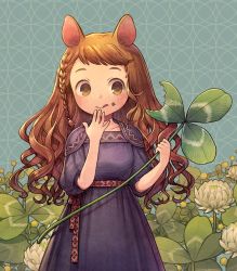 Rule 34 | 1girl, animal ears, braid, brown hair, clover, clover (flower), commentary request, cowboy shot, dress, eating, flower, food, food on face, four-leaf clover, holding, holding plant, kiitos, long hair, mini person, minigirl, mouse ears, mouse girl, original, plant, puffy sleeves, purple dress, shamrock, side braid, solo, swept bangs, tongue, tongue out, white flower