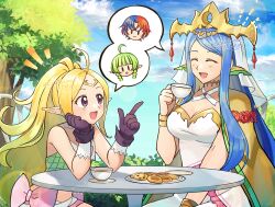 Rule 34 | 2girls, :d, ^ ^, absurdres, alear (fire emblem), alear (male) (fire emblem), betabetamaru, blonde hair, blue hair, closed eyes, cloud, commentary request, cookie, cup, fire emblem, fire emblem awakening, fire emblem engage, food, highres, holding, holding cup, lumera (fire emblem), multiple girls, nah (fire emblem), nintendo, nowi (fire emblem), open mouth, outdoors, ponytail, sitting, smile, table, talking